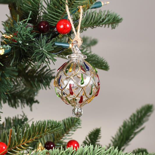 Festive Swag Handblown Glass Bauble - Multi Colour & Gold - Small