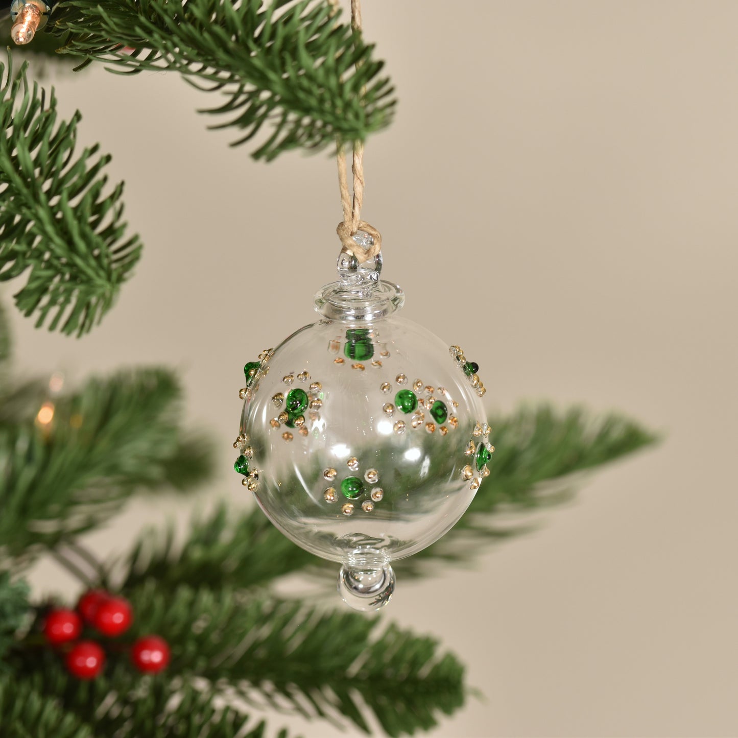 Flower Handblown Glass Bauble - Green & Gold - Small