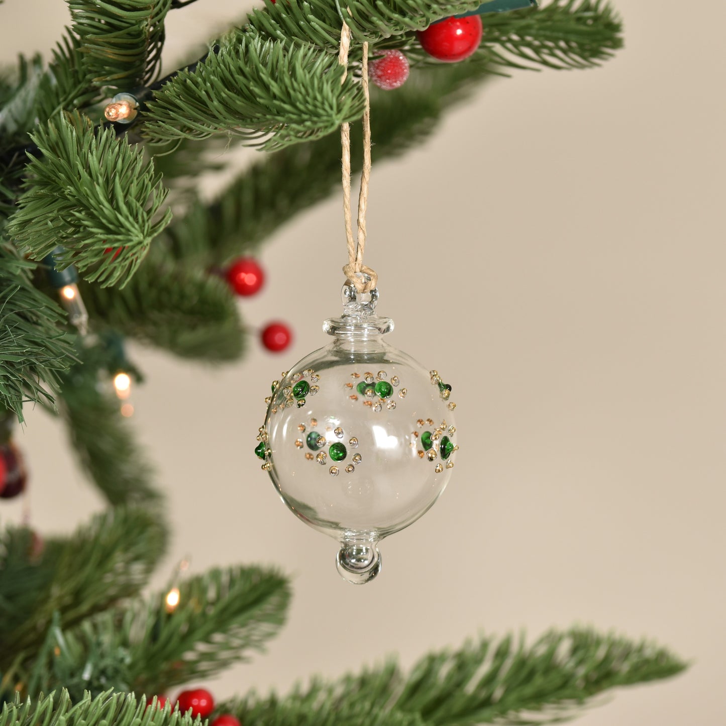 Flower Handblown Glass Bauble - Green & Gold - Small