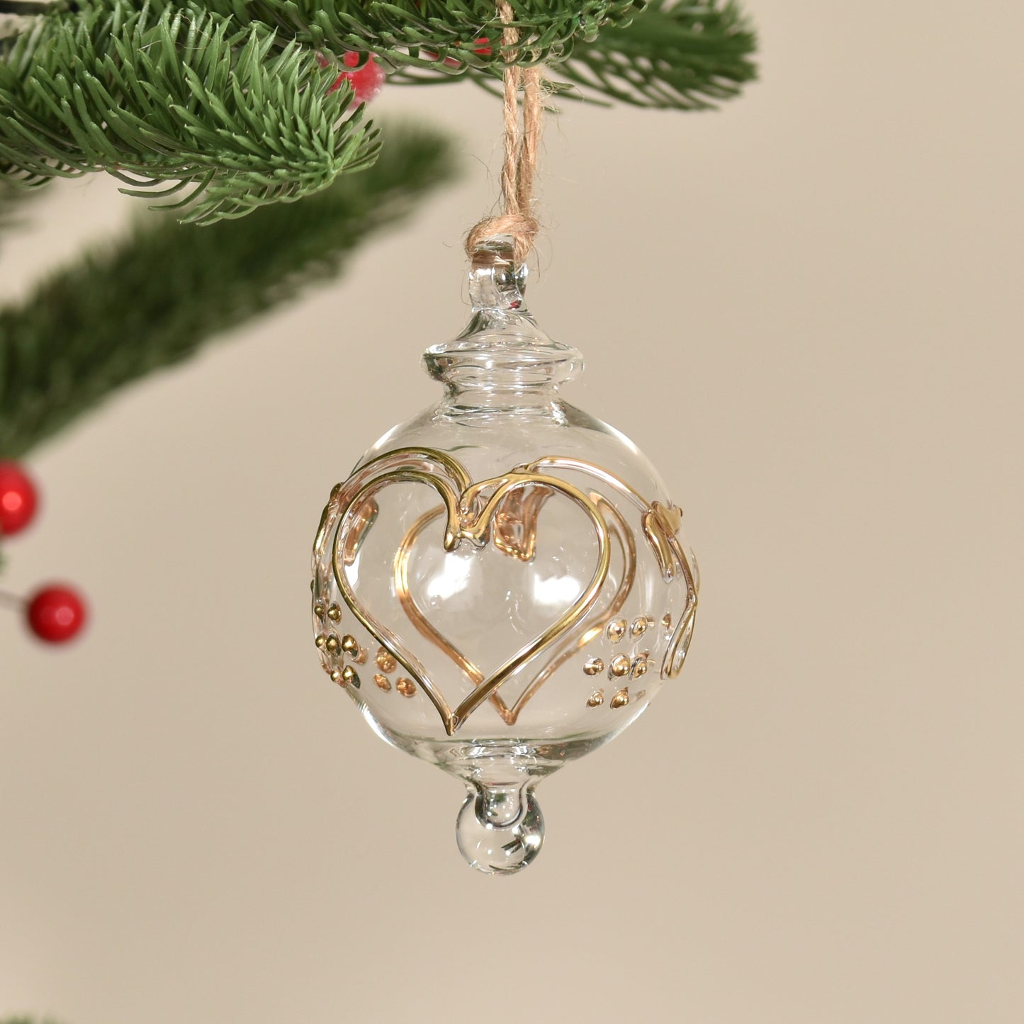 Love Heart Handblown Glass Bauble - Gold & Clear - Small