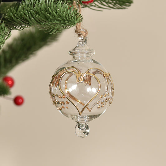 Love Heart Handblown Glass Bauble - Gold & Clear - Small