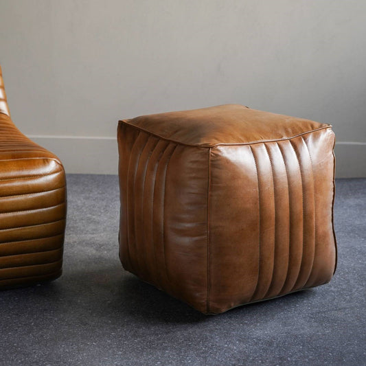 Leather Cube Pouffe - Tan