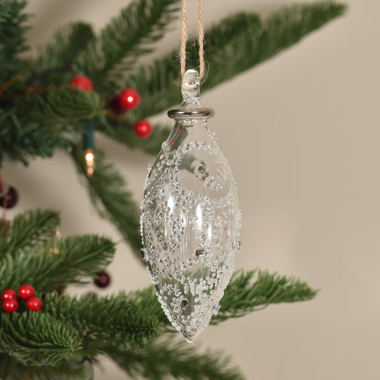 Snowdrift Droplet Handblown Glass Bauble - Silver & Clear - Large