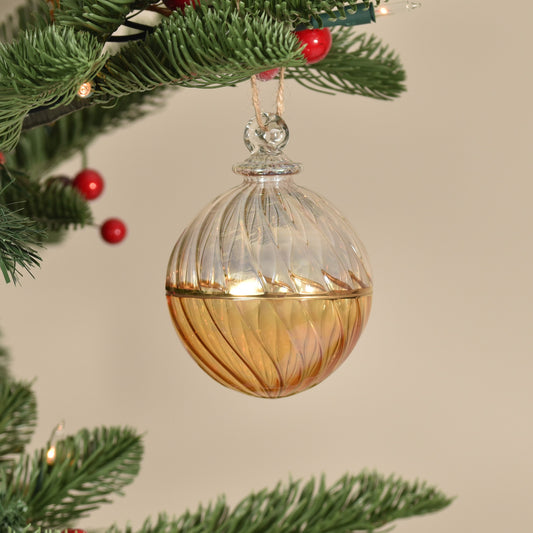 Two Tone Spiral Egyptian Glass Bauble -  Clear & Amber - Large