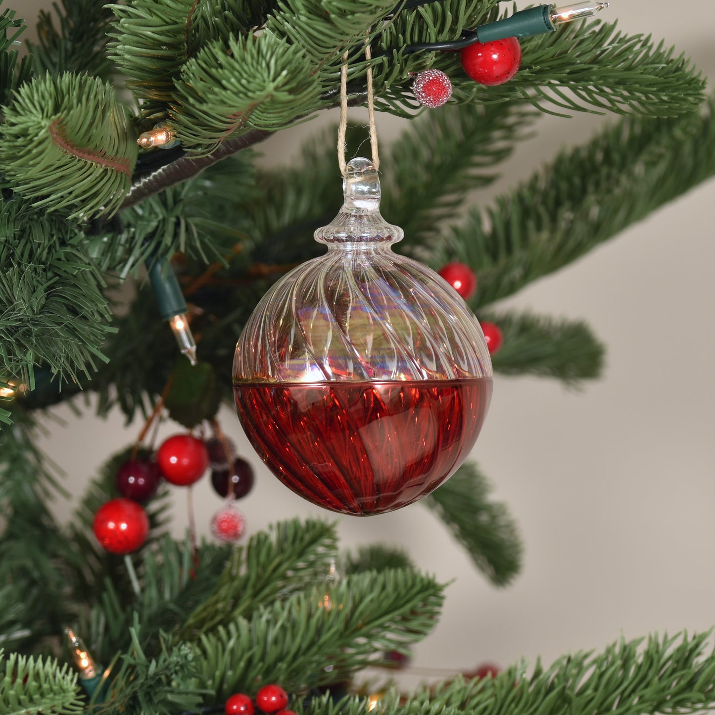 Two Tone Spiral Egyptian Glass Bauble -  Clear & Red - Large