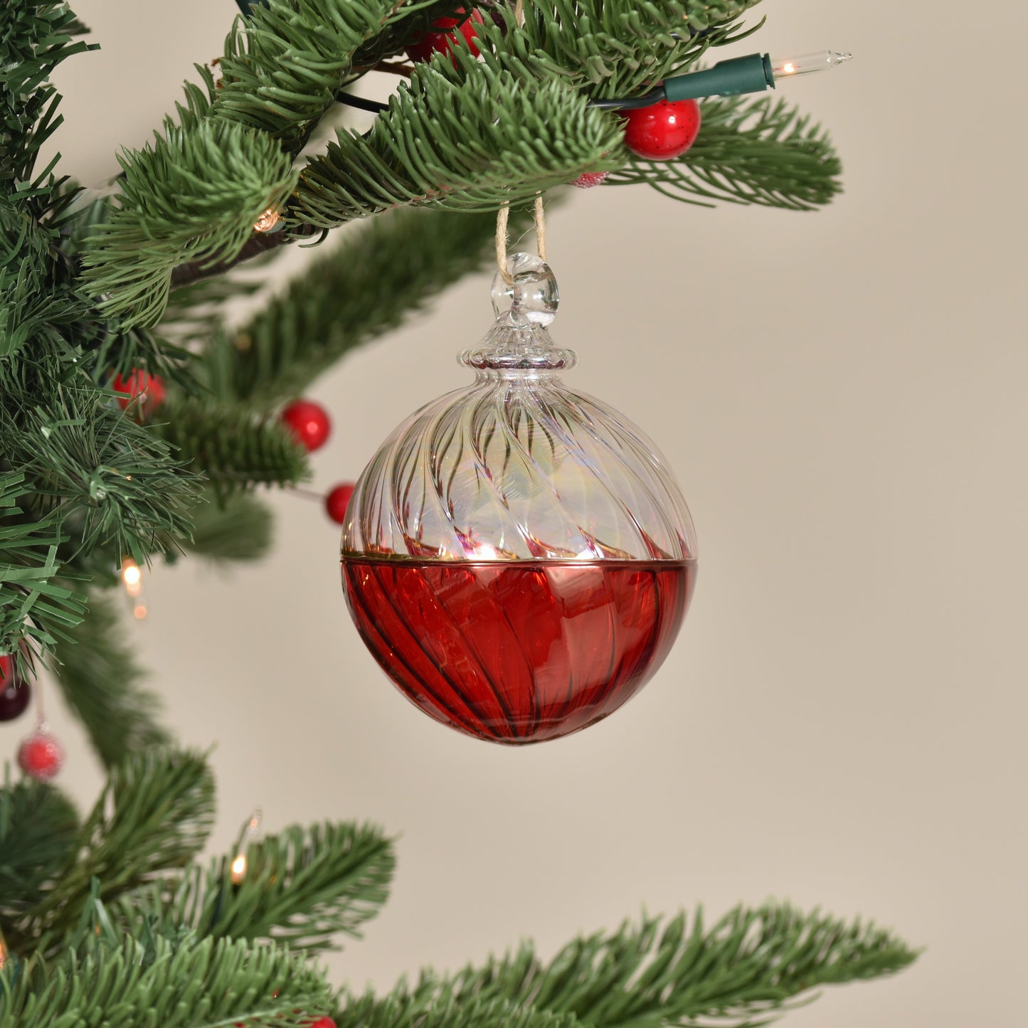 Two Tone Spiral Egyptian Glass Bauble -  Clear & Red - Large