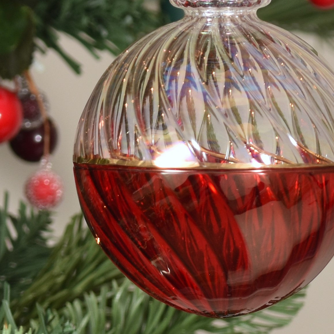 Two Tone Spiral Egyptian Glass Bauble -  Clear & Red - Large