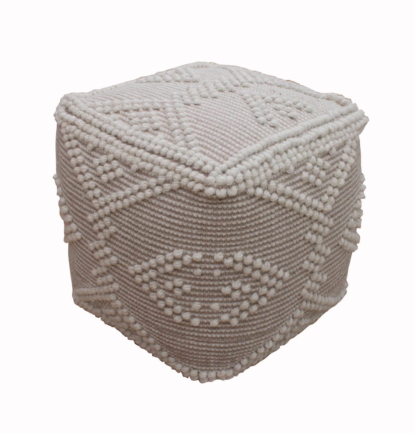 Hand Woven Wool Cube Pouffe - Ivory & Natural