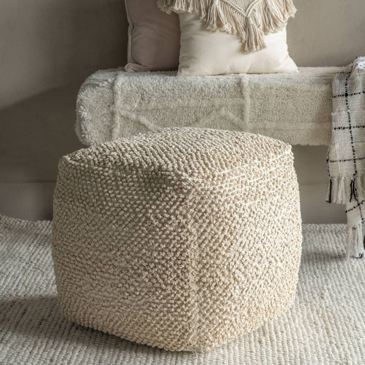 Hand Woven Wool Cube Pouffe - Ivory & Beige