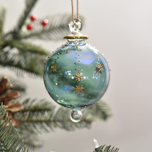 Snowfall Handblown Glass Bauble - Jade Green & Gold - Large